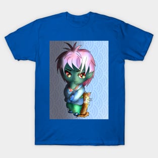 kawaii thinking green dark elf with a cute cat T-Shirt